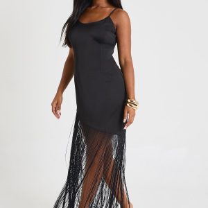 SATIN FRINGE  MIDAXI SLIP DRESS