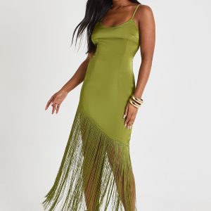 SATIN FRINGE  MIDAXI SLIP DRESS