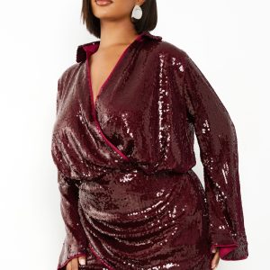 Plus Sequin Draped Flare Sleeve Shirt Dress