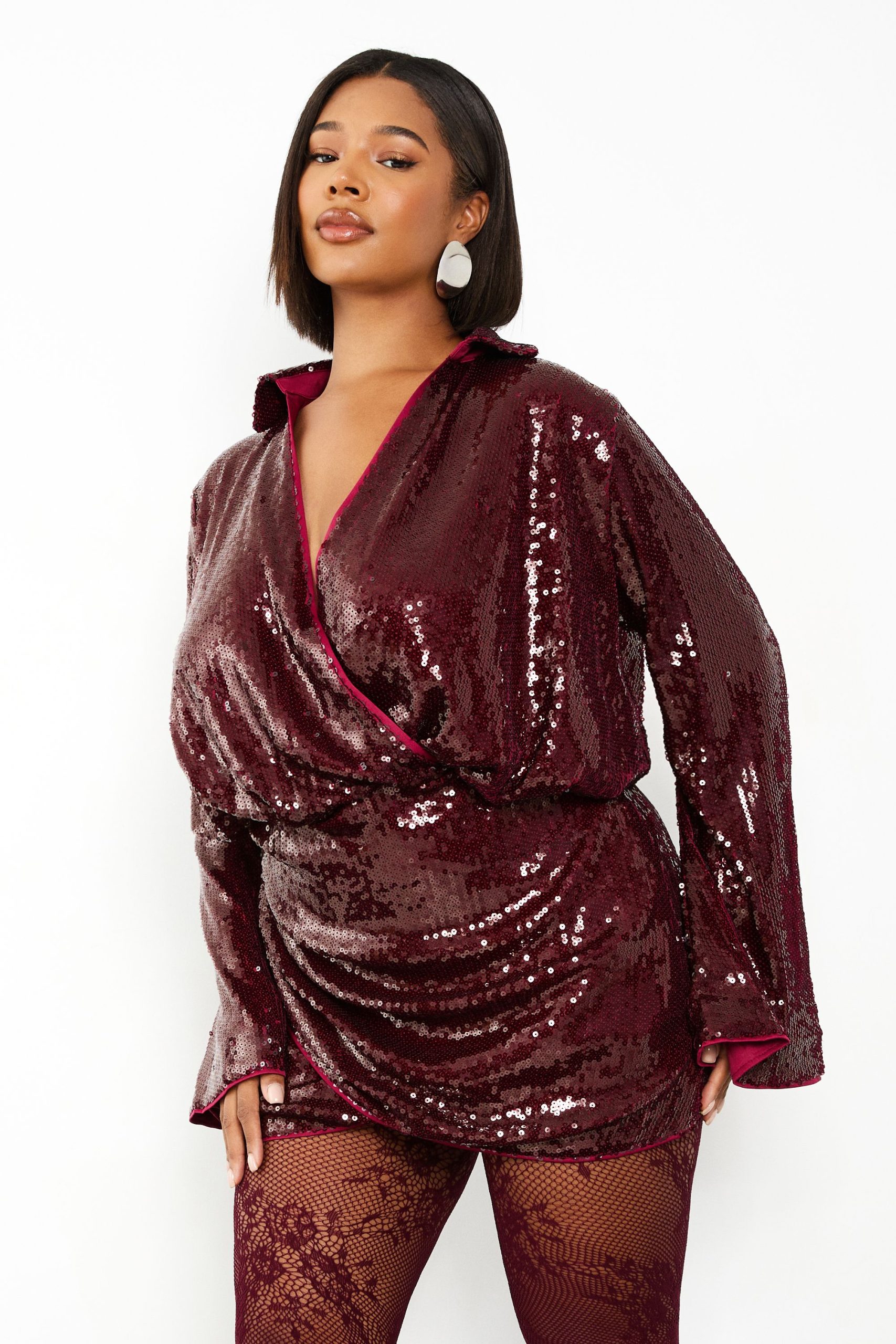 Plus Sequin Draped Flare Sleeve Shirt Dress