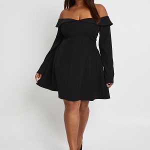 Plus Long Sleeve Bardot Structured Skater Dress