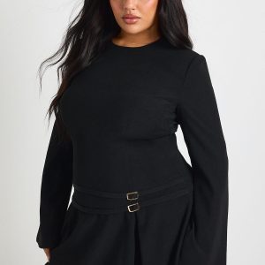Plus Tailored Buckle Detail Pleated Mini Dress