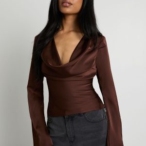 Long Sleeve Satin Cowl Neck Top