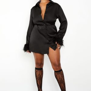 Plus Satin Feather Cuff Shirt Dress