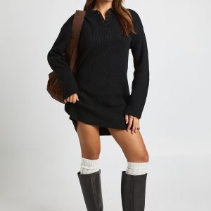 Collar Detail Oversized Rugby Knitted Mini Dress