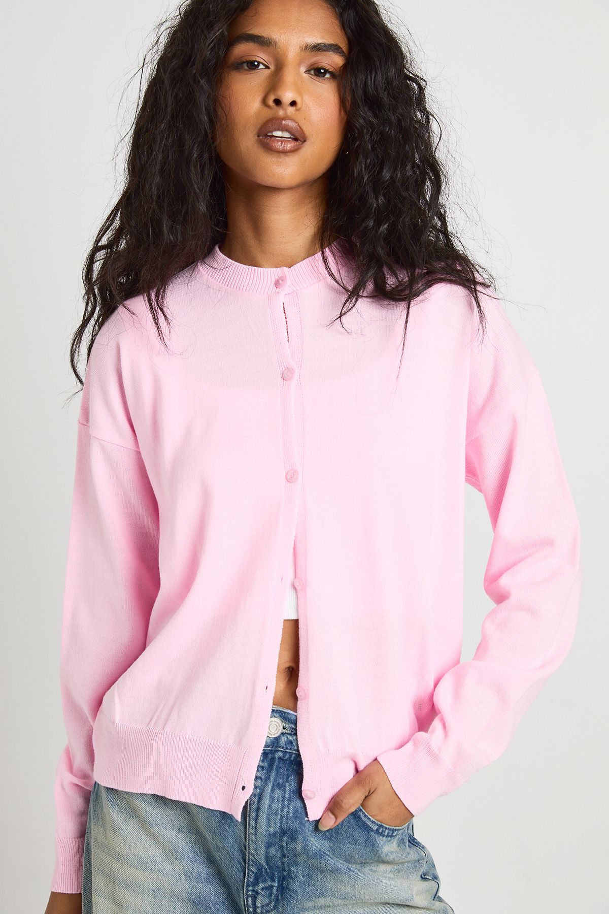 Crew Neck Button Up Cardigan