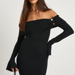 Rib Gold Button Detail Bardot Mini Dress