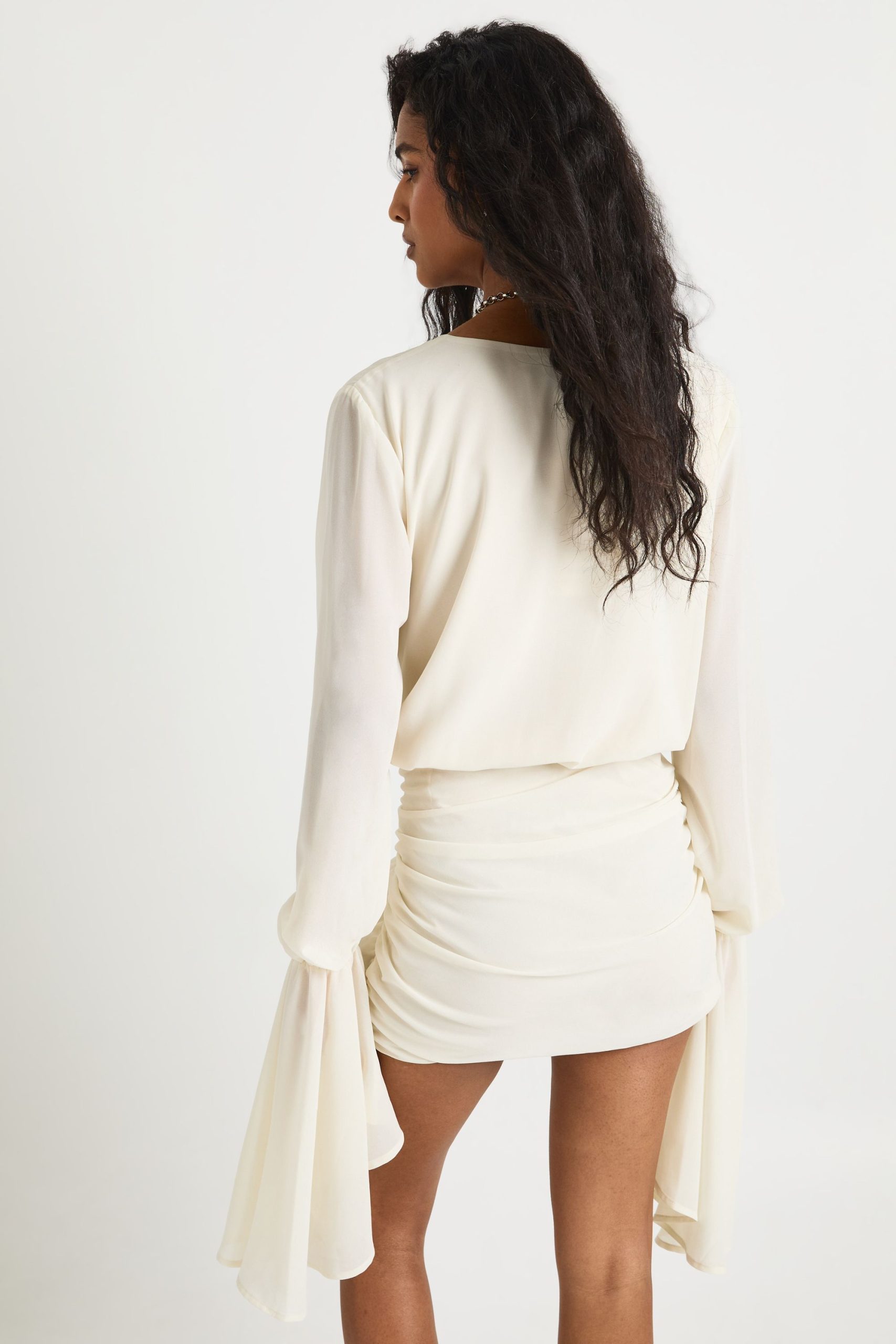 Chiffon Wrap Flare Sleeve Ruched Mini Dress - Image 2