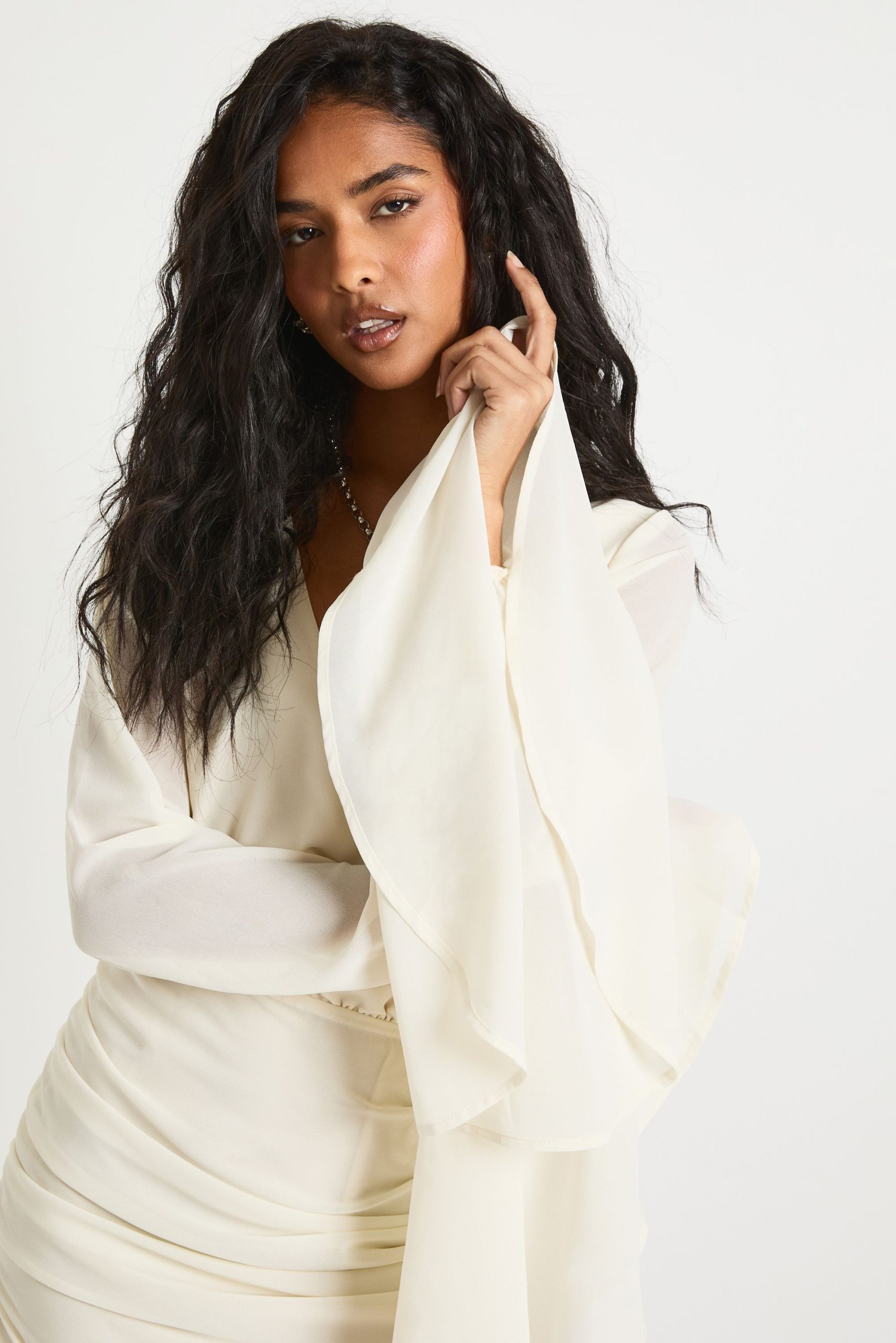 Chiffon Wrap Flare Sleeve Ruched Mini Dress - Image 4