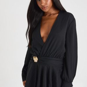 Textured Gold Trim Drop Hem Shirt Dress