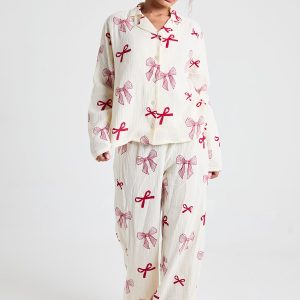 Valentines Bow Print Textured Long Sleeve Shirt & Trousers 3 Piece Pyjama Set