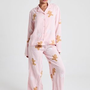 Christmas Gingerbread Print Textured Long Sleeve Shirt & Trouser Pyjama 3 Piece Set