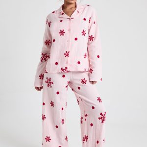 Christmas Snowflake Print Textured Long Sleeve Shirt & Trouser Pyjama 3 Piece Set