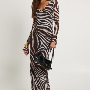 Zebra Printed Long Sleeve Maxi Dress