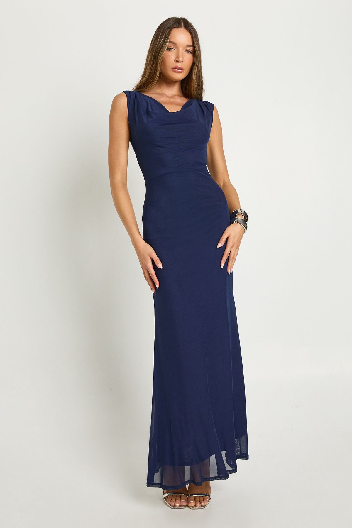 Cowl Neck Mesh Column Maxi Dress