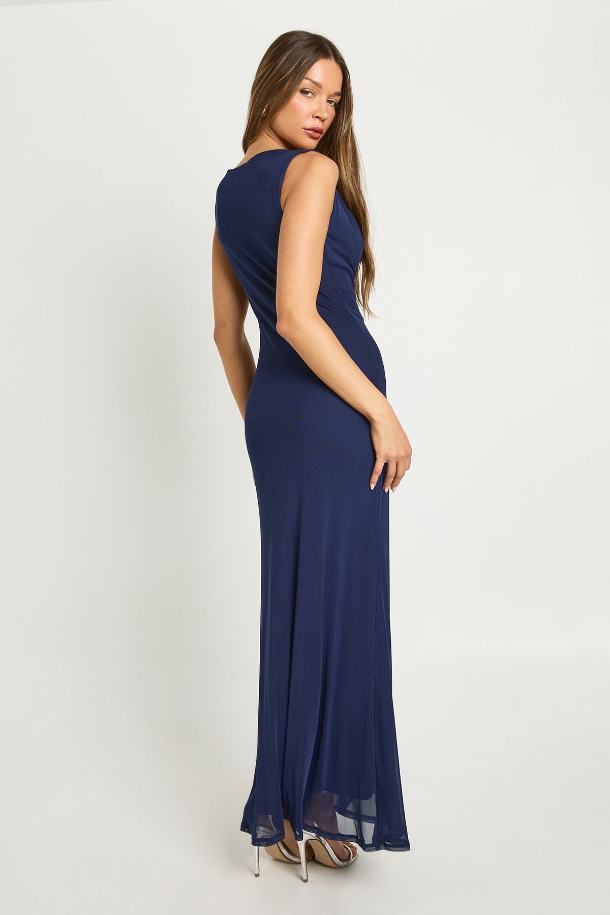 Cowl Neck Mesh Column Maxi Dress - Image 2