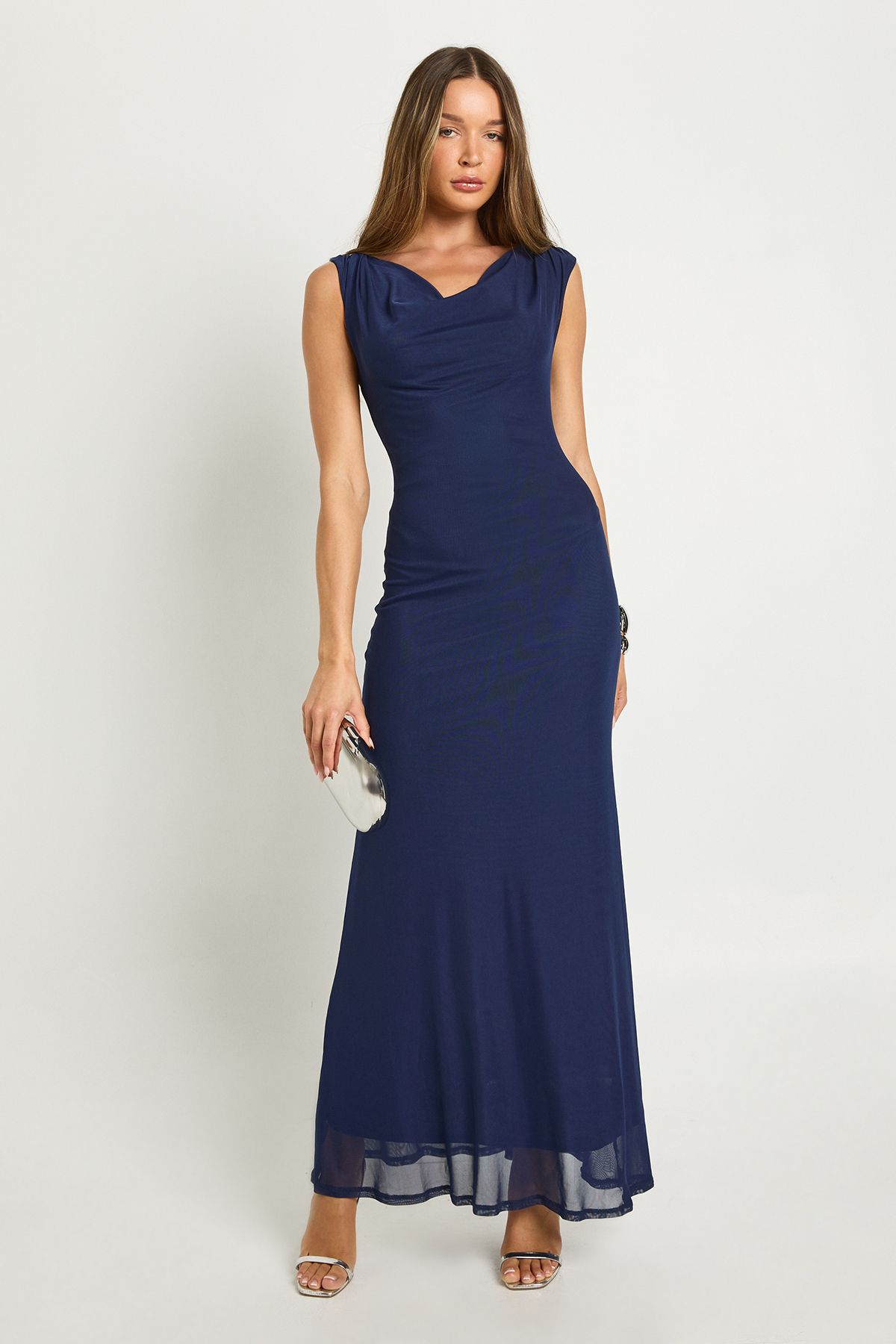 Cowl Neck Mesh Column Maxi Dress - Image 3