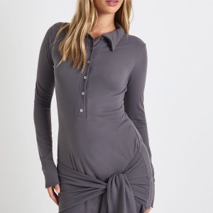 Ultra Soft Touch Ruched Button Down Wrap Shirt Dress