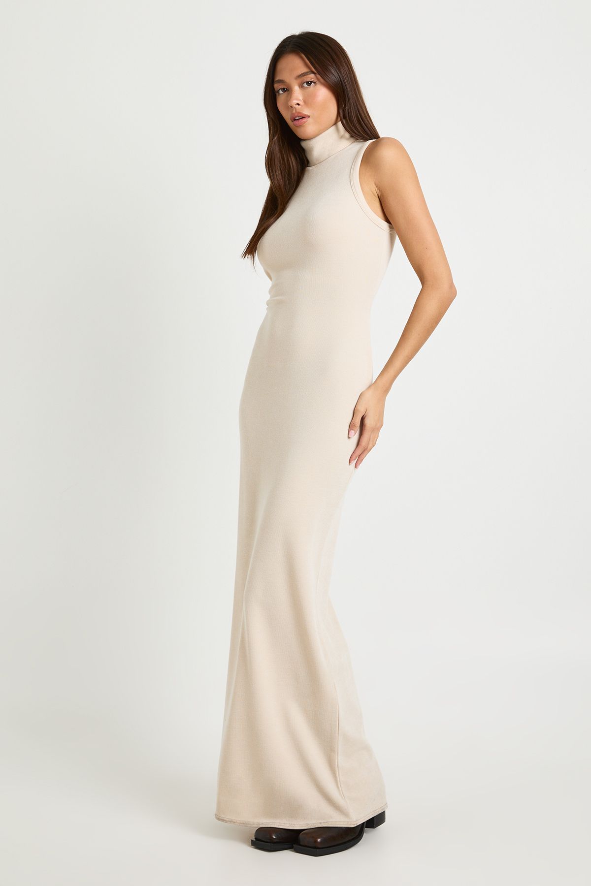 Ribbed Sleeveless High Neck Maxi Dress