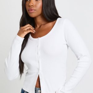 Ribbed Button Through Scoop Neck Long Sleeve Top