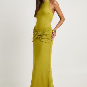 High Neck Wrap Drape Column Maxi Dress