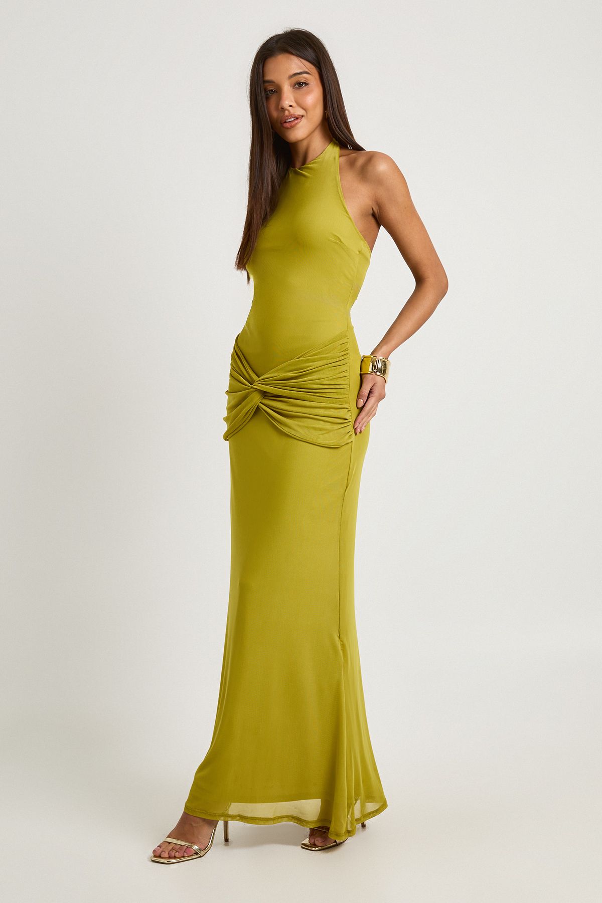 High Neck Wrap Drape Column Maxi Dress