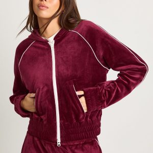 Velour Contrast Piping Zip Through Cropped Hoodie