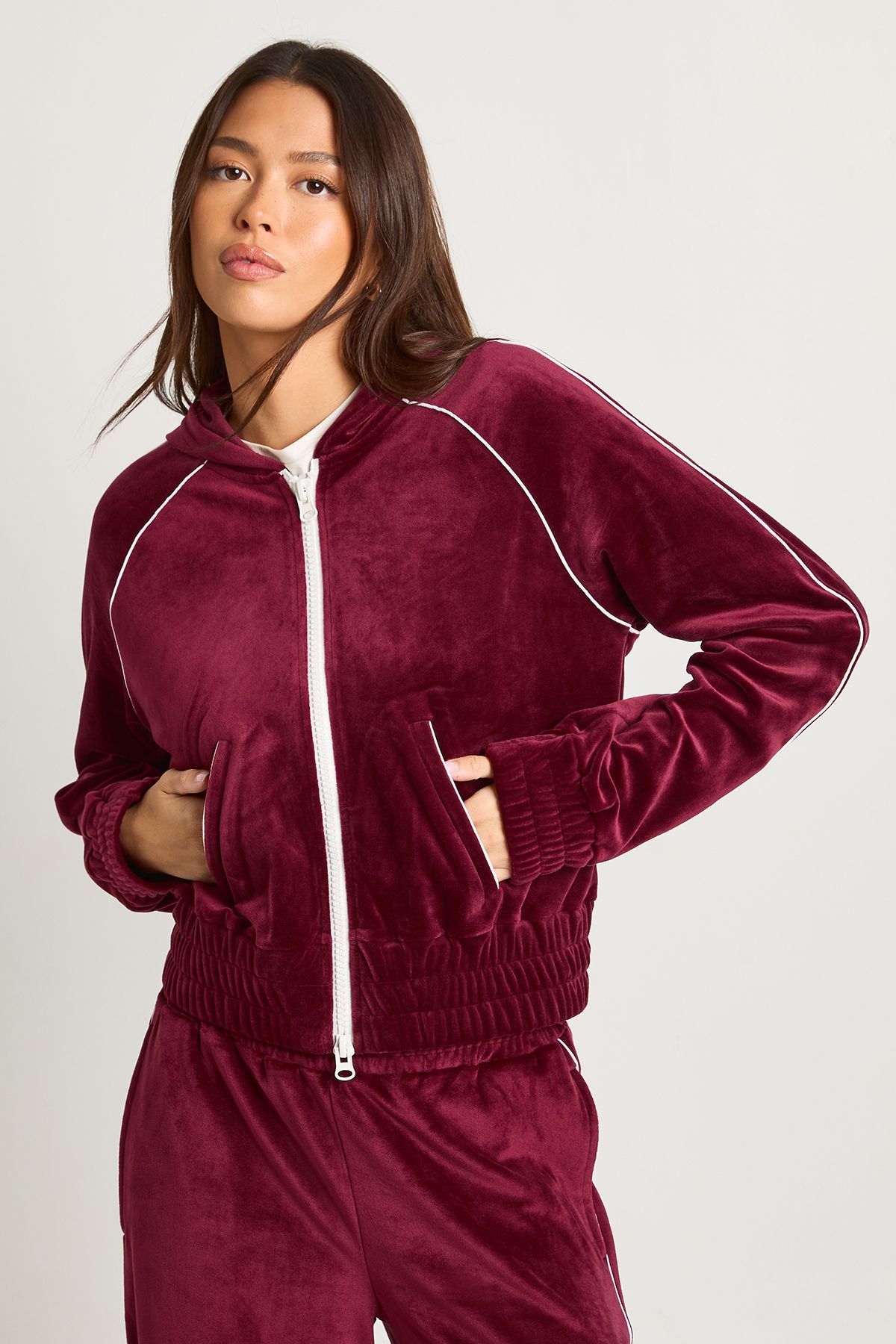 Velour Contrast Piping Zip Through Cropped Hoodie