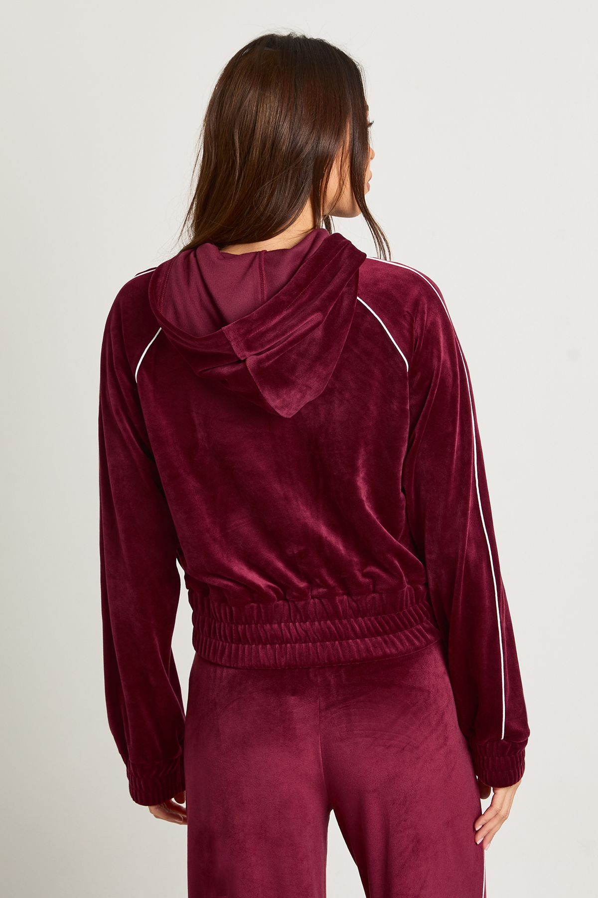 Velour Contrast Piping Zip Through Cropped Hoodie - Image 2
