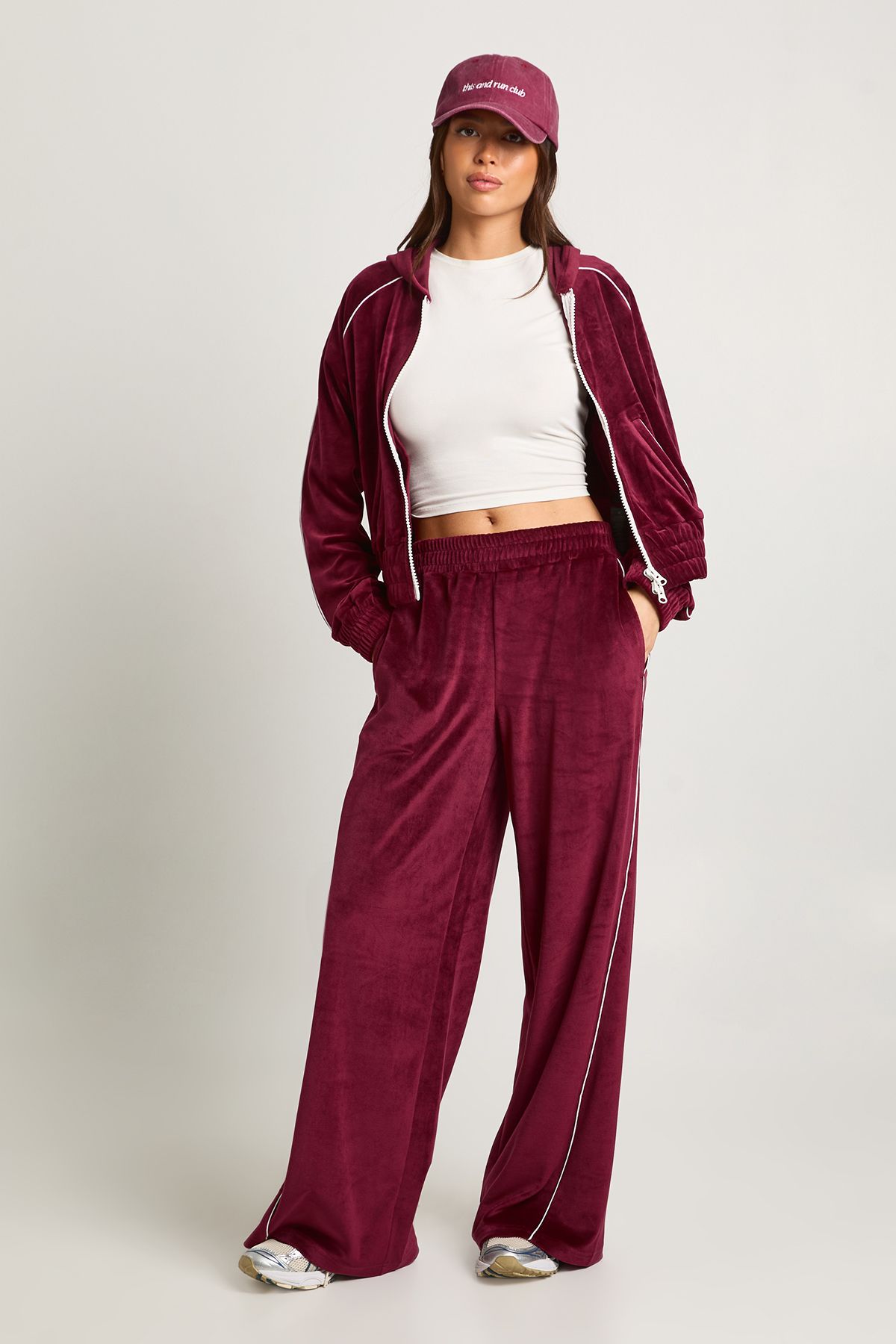 Velour Contrast Piping Zip Through Cropped Hoodie - Image 3