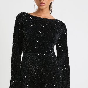 Velvet Sequin Flare Sleeve Playsuit