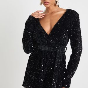 Velvet Sequin Wrap Playsuit