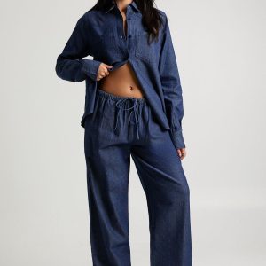 Chambray Drawstring Wide Leg Trouser