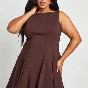 Plus Bengaline Racer Neck Pleated Skater Dress