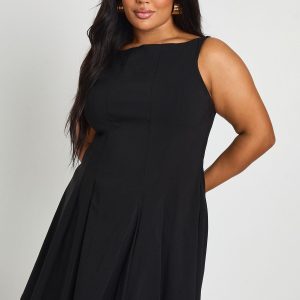 Plus Bengaline Racer Neck Pleated Skater Dress