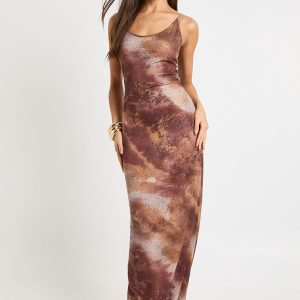 Printed Hot Fix Sequin Low Scoop Neck Maxi Dress