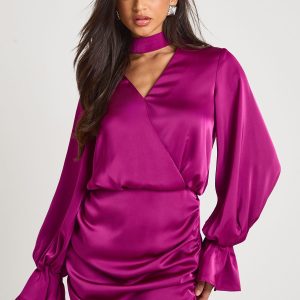 Satin Blouson Wrap Dress