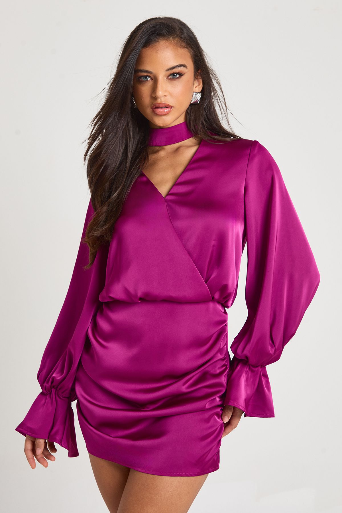 Satin Blouson Wrap Dress