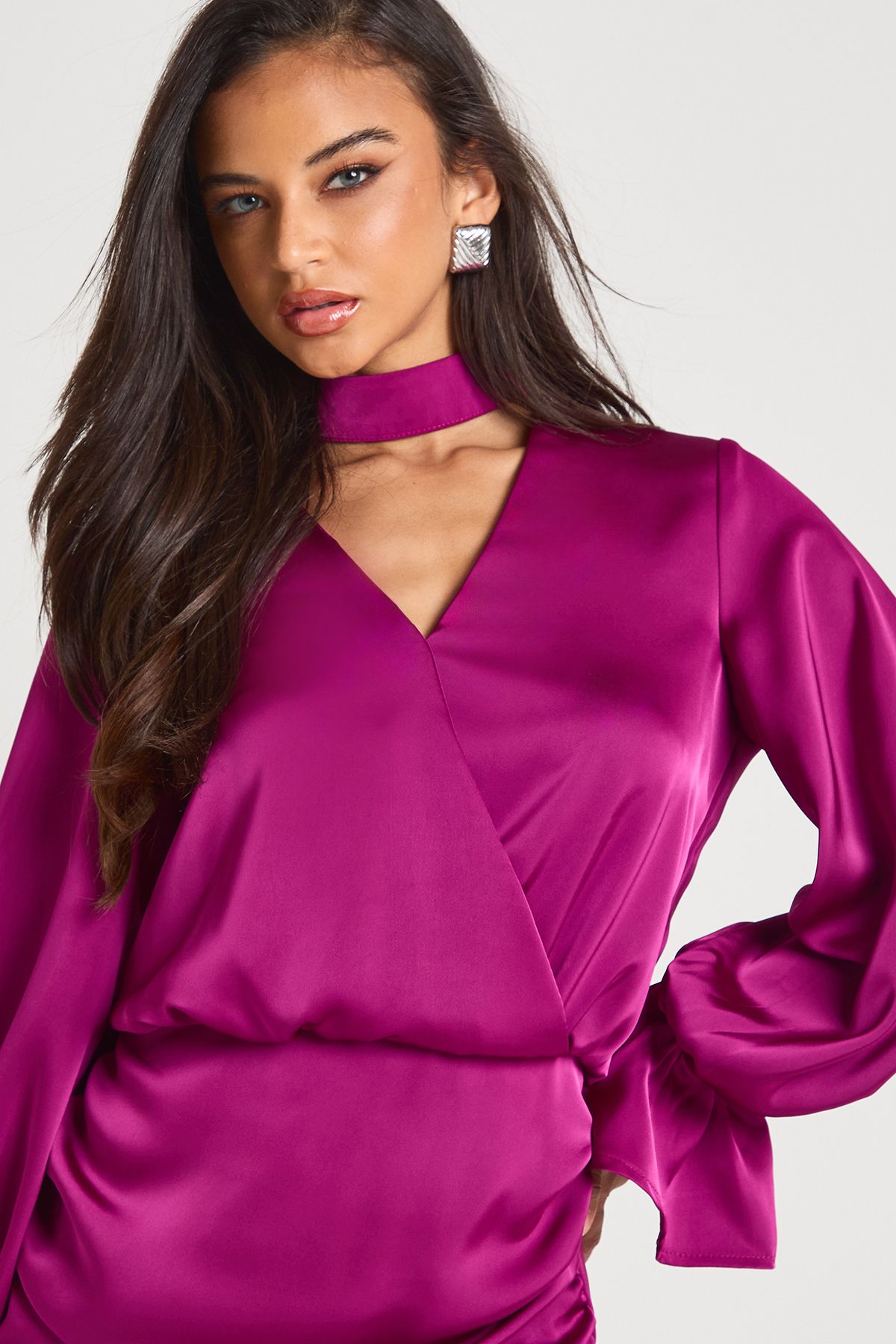 Satin Blouson Wrap Dress - Image 4
