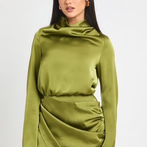 Satin High Cowl Wrap Mini Dress