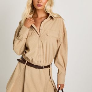 Cord Blouson Shirt Mini Dress