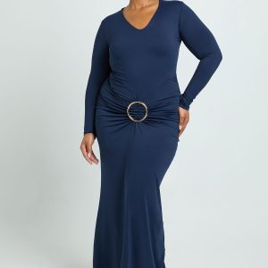 Plus Ruched Long Sleeve Gold Trim Maxi Dress