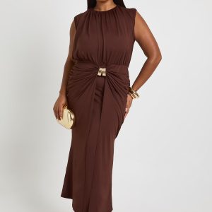 Plus Gold Trim Ruched Midaxi Dress
