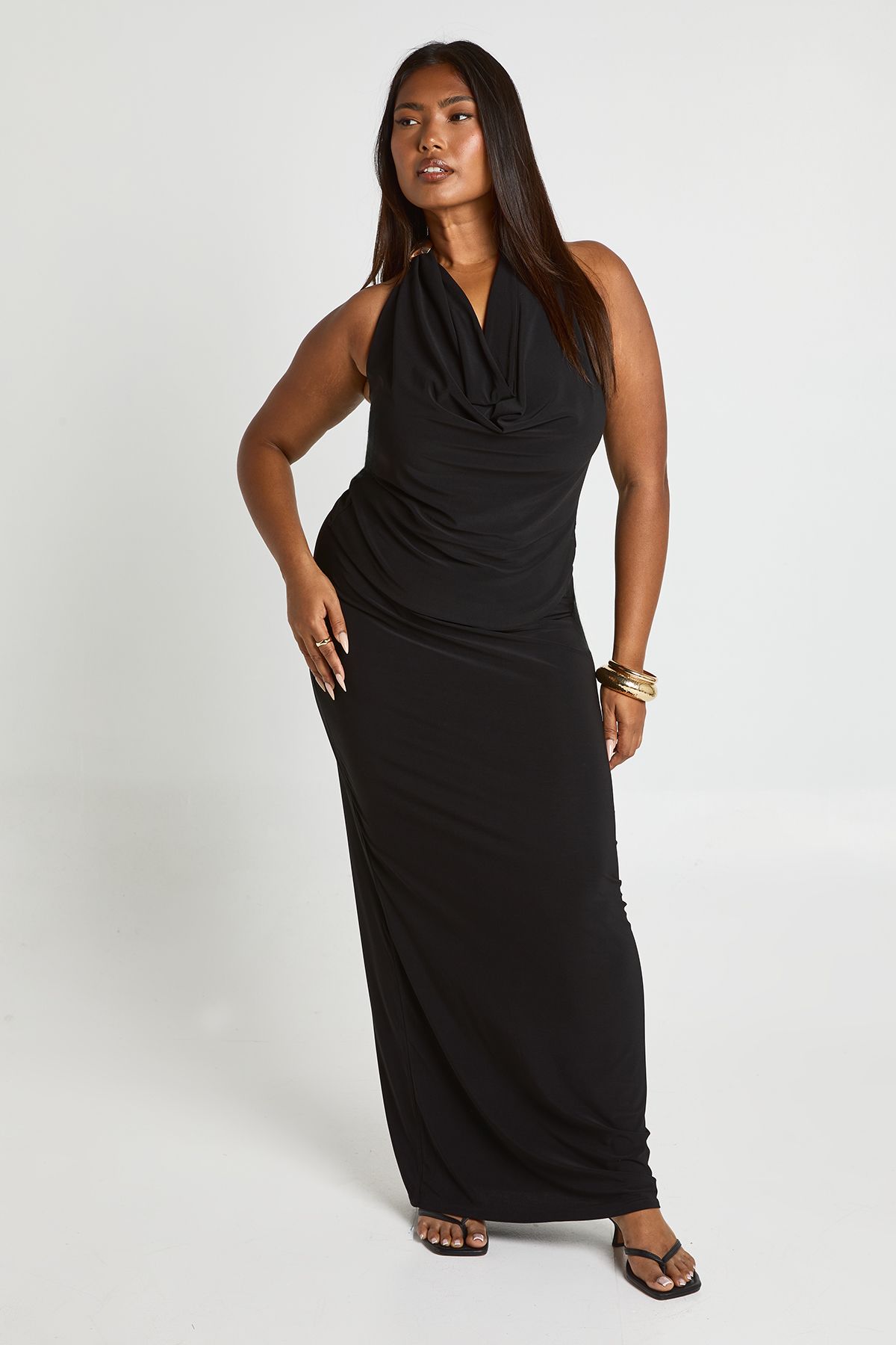 Plus Cowl Neck Gold Trim Top & Column Maxi Skirt Co Ord