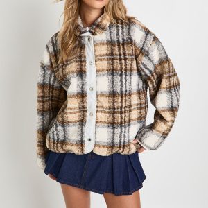 Check Print Boxy Teddy Jacket
