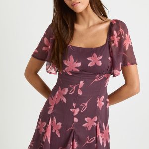 Floral Chiffon Square Neck Skater Dress