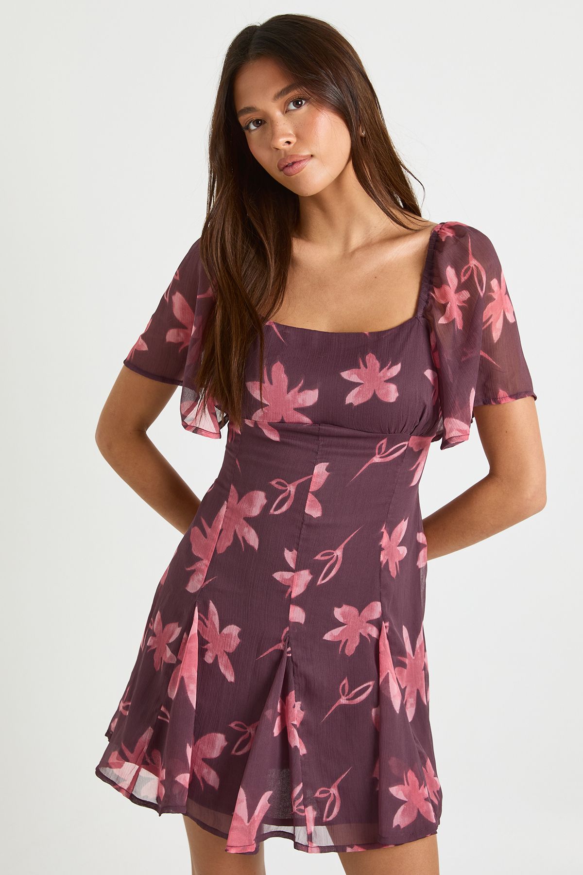 Floral Chiffon Square Neck Skater Dress