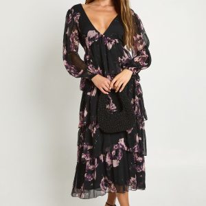 Floral Chiffon Plunge Ruffle Midaxi Dress