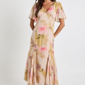 Floral Angel Sleeve Midaxi Dress