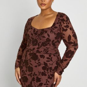 Plus Devore Ruched Bust Long Sleeve Bodysuit